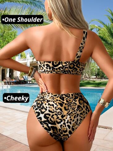 Cheetah Print Bikini Sets, One Shoulder Cut Out, Two Piece Cheeky Swimsuits High Leg Cut Bathing Suit for Women in Saudi Arabia