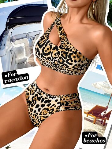 Cheetah Print Bikini Sets, One Shoulder Cut Out, Two Piece Cheeky Swimsuits High Leg Cut Bathing Suit for Women in Saudi Arabia