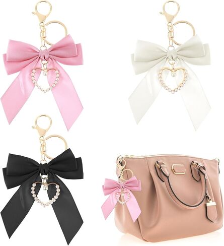 3 Pcs Pearl Bow Bag Keychain for Women, Bow Pearl Purse Charms for Girls, Bow Keychain Pearl Key Chains for Car Keys Backpacks Handbags Accessories (Pink, White, Black) in Saudi Arabia