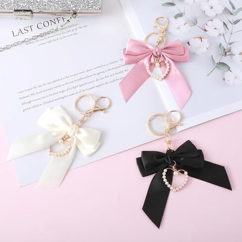 3 Pcs Pearl Bow Bag Keychain for Women, Bow Pearl Purse Charms for Girls, Bow Keychain Pearl Key Chains for Car Keys Backpacks Handbags Accessories (Pink, White, Black) in Saudi Arabia
