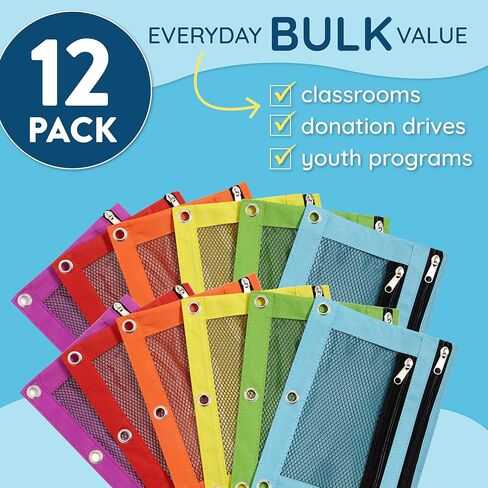 أكياس أقلام رصاص من شركة بلو ساميت سابلايز، حقيبة أقلام رصاص كبيرة الحجم 12 عبوة بألوان متنوعة لتخزين اللوازم المدرسية وأدوات الكتابة والمزيد، أكياس قماشية بسحاب لـ 3 مجلدات حلقية، 12 قطعة in Kuwait