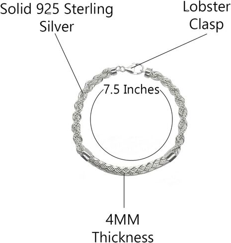 Savlano 925 Sterling Silver 4mm Rope Stain مع سوار شريط مضفر in Kuwait