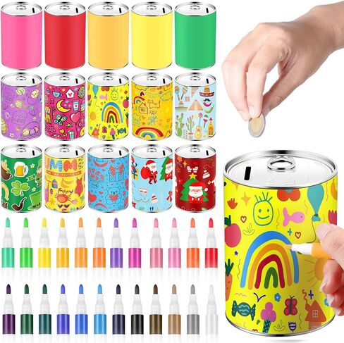 Tandefio 8 Pcs DIY Coin Piggy Bank Metal Piggy Bank Money Piggy Bank Blank Saving Box with 24 Acrylic Paint Markers Piggy Bank Craft for Christmas Creative Gift Boys Girls Birthday Party Supplies in Kuwait