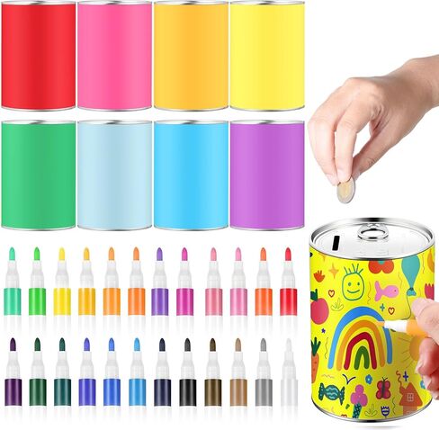 Tandefio 8 أجهزة كمبيوتر شخصية DIY Coin Piggy Bank Metal Piggy Bank Money Piggy Bank صندوق توفير فارغ مع 24 قلم طلاء أكريليك Piggy Bank Craft لعيد الميلاد هدية إبداعية للأولاد والبنات لوازم حفلات أعياد الميلاد in Kuwait