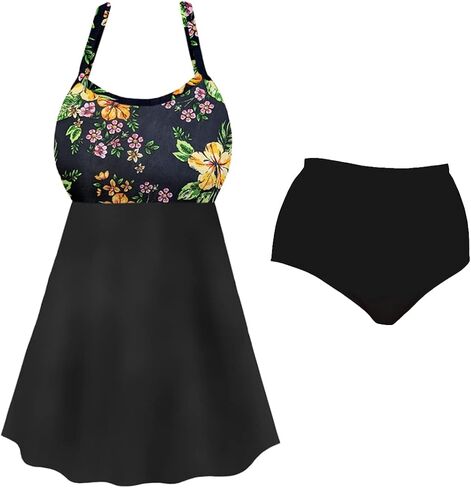 Plus Size Womens Swimsuit Black Floral Two-Piece Babydoll Swimdress in Kuwait