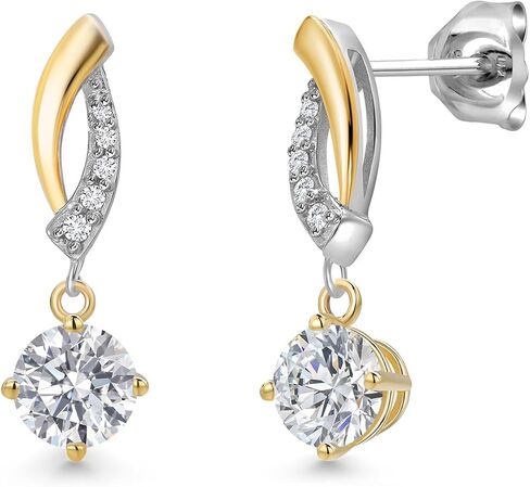 Gem Stone King 925 Silver and 10K Yellow Gold 4.5MM Round Gemstone Birthstone and White Lab Grown Diamond Dangle Earrings for Women in Kuwait