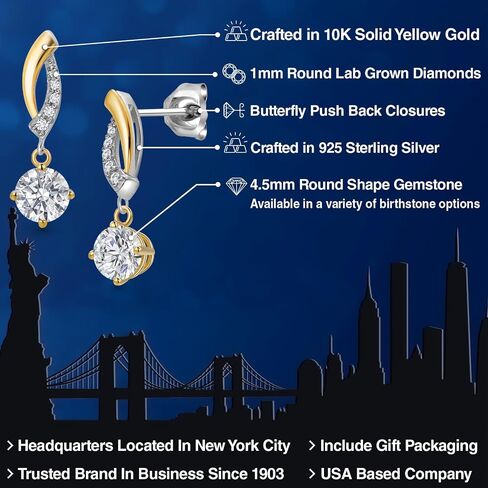 Gem Stone King 925 Silver and 10K Yellow Gold 4.5MM Round Gemstone Birthstone and White Lab Grown Diamond Dangle Earrings for Women in Kuwait
