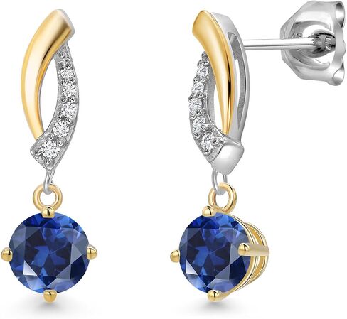 Gem Stone King 925 Silver and 10K Yellow Gold 4.5MM Round Gemstone Birthstone and White Lab Grown Diamond Dangle Earrings for Women in Kuwait