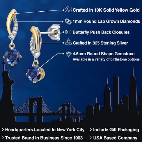 Gem Stone King 925 Silver and 10K Yellow Gold 4.5MM Round Gemstone Birthstone and White Lab Grown Diamond Dangle Earrings for Women in Kuwait