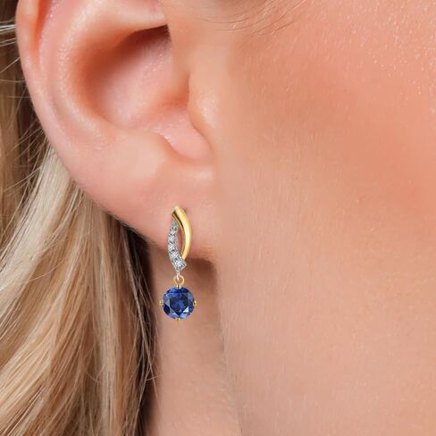 Gem Stone King 925 Silver and 10K Yellow Gold 4.5MM Round Gemstone Birthstone and White Lab Grown Diamond Dangle Earrings for Women in Kuwait