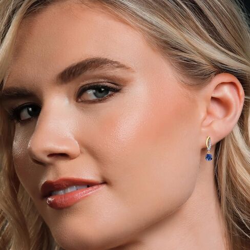 Gem Stone King 925 Silver and 10K Yellow Gold 4.5MM Round Gemstone Birthstone and White Lab Grown Diamond Dangle Earrings for Women in Kuwait