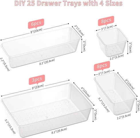 25 PCS Plastic Drawer Organizer Set, 4-size Clear Bathroom and Vanity Desk Drawer Organizer Trays, Non-Slip Versatile Storage Bins for Makeup Jewelry Office Kitchen Gadgets in Saudi Arabia