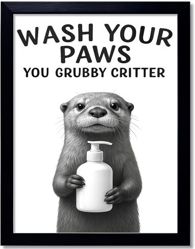 Funny Bathroom Wall Art - "غسل الكفوف" أبيض وأسود طباعة ثعلب - فوري جاهز لتعليق جدار الحمام (Otter ، 10L "× 8W" ، مؤطرة) in Saudi Arabia
