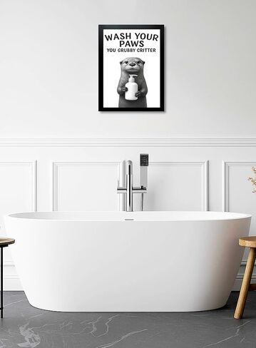 Funny Bathroom Wall Art - "غسل الكفوف" أبيض وأسود طباعة ثعلب - فوري جاهز لتعليق جدار الحمام (Otter ، 10L "× 8W" ، مؤطرة) in Saudi Arabia
