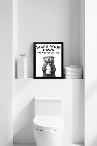 Funny Bathroom Wall Art - "غسل الكفوف" أبيض وأسود طباعة ثعلب - فوري جاهز لتعليق جدار الحمام (Otter ، 10L "× 8W" ، مؤطرة) in Saudi Arabia