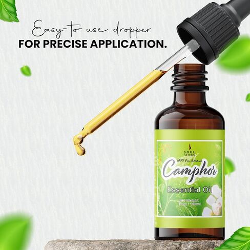 الروح العصي الطبيعية Camphor Essental Oil 4 Fl Oz (120 مل) بنسبة 100 ٪ من زيت الكافور الطبيعي مع قطار زجاجي للعلاج العطري ، Puja ، التدليك ، العناية بالبشرة in Kuwait