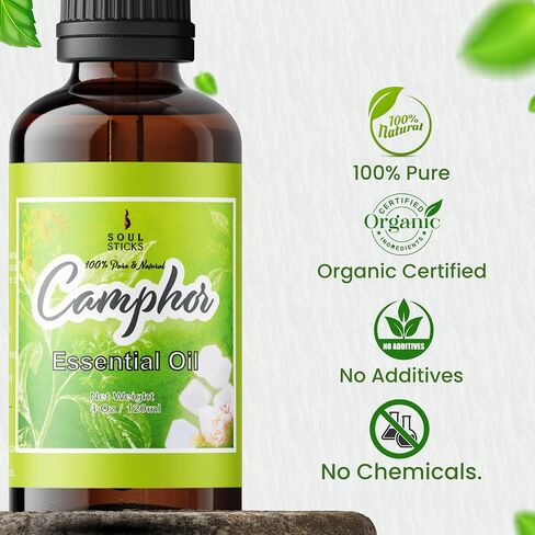 الروح العصي الطبيعية Camphor Essental Oil 4 Fl Oz (120 مل) بنسبة 100 ٪ من زيت الكافور الطبيعي مع قطار زجاجي للعلاج العطري ، Puja ، التدليك ، العناية بالبشرة in Kuwait