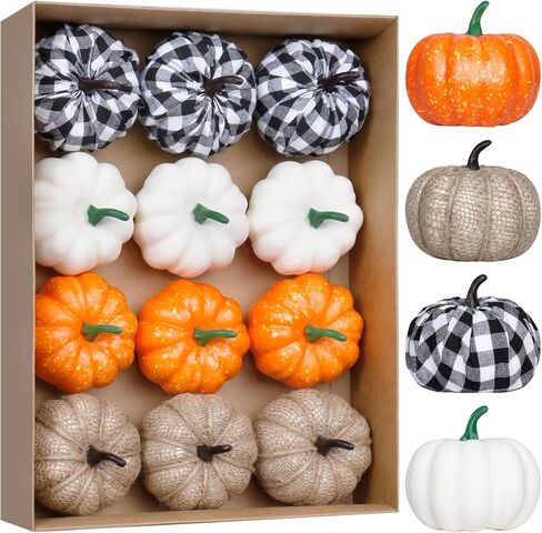 Super Holiday 12PCS Artificial Velvet Pumpkins Decor, 4 Colors Foam Faux Flocked Pumpkins Decoration for Fall Harvest Theme Party Wedding Halloween Thanksgiving Table Decor. in Kuwait