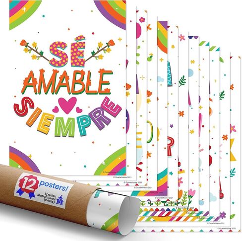 مجموعة ملصقات تحفيزية إسبانية (بيضاء) من Quarterhouse، مواد تعليمية للفصول الدراسية الإسبانية للطلاب والمعلمين من مرحلة الروضة وحتى الصف الثاني عشر، مجموعة مكونة من 12 قطعة، 12 × 18 بوصة، متينة للغاية in Kuwait