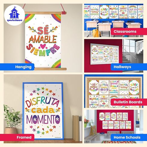 مجموعة ملصقات تحفيزية إسبانية (بيضاء) من Quarterhouse، مواد تعليمية للفصول الدراسية الإسبانية للطلاب والمعلمين من مرحلة الروضة وحتى الصف الثاني عشر، مجموعة مكونة من 12 قطعة، 12 × 18 بوصة، متينة للغاية in Kuwait