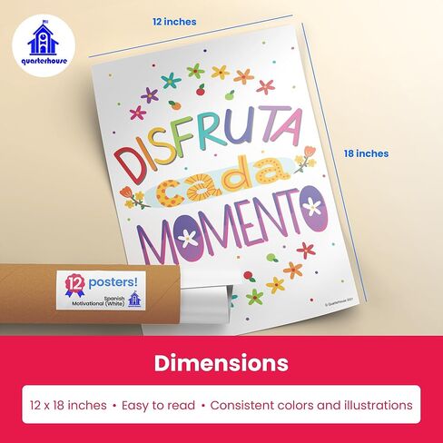 مجموعة ملصقات تحفيزية إسبانية (بيضاء) من Quarterhouse، مواد تعليمية للفصول الدراسية الإسبانية للطلاب والمعلمين من مرحلة الروضة وحتى الصف الثاني عشر، مجموعة مكونة من 12 قطعة، 12 × 18 بوصة، متينة للغاية in Kuwait