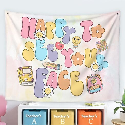 Happy to See Your Face Classroom Tapestry, Cute Welcome Back Banner for Kids, Pastel Teacher Wall Decor for Classroom, Back to School Bulletin Board Sign, Smiley Face Flower Backpack Poster (78) in Kuwait