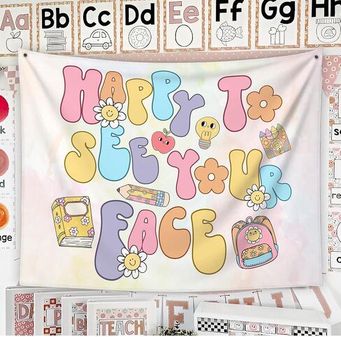 Happy to See Your Face Classroom Tapestry, Cute Welcome Back Banner for Kids, Pastel Teacher Wall Decor for Classroom, Back to School Bulletin Board Sign, Smiley Face Flower Backpack Poster (78) in Kuwait