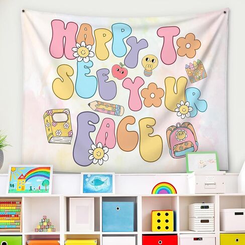Happy to See Your Face Classroom Tapestry, Cute Welcome Back Banner for Kids, Pastel Teacher Wall Decor for Classroom, Back to School Bulletin Board Sign, Smiley Face Flower Backpack Poster (78) in Kuwait