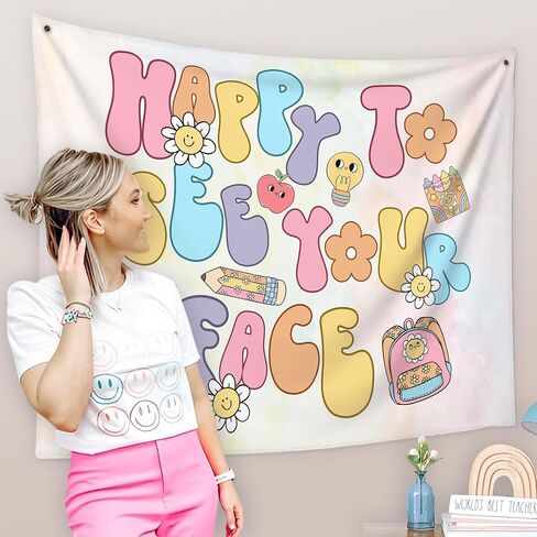 Happy to See Your Face Classroom Tapestry, Cute Welcome Back Banner for Kids, Pastel Teacher Wall Decor for Classroom, Back to School Bulletin Board Sign, Smiley Face Flower Backpack Poster (78) in Kuwait