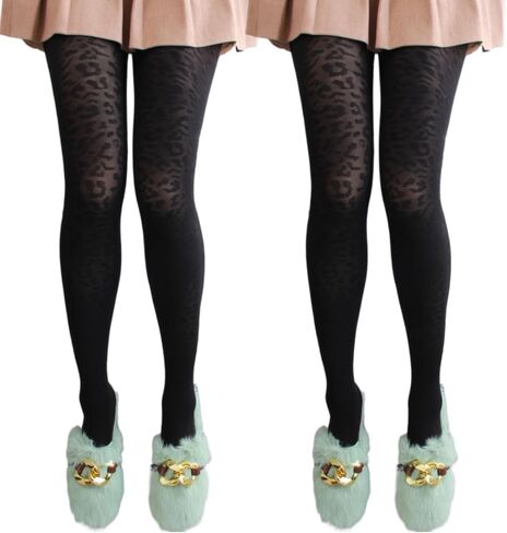 2 Pairs Premium Patterned 80D Black Opaque Tights for Women with Animal Skin Desgins Control Top Pantyhose in Saudi Arabia