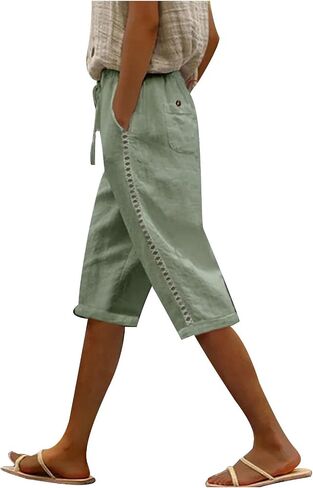 Capri Pants Women Knee Length Summer Beach Linen Bermuda Shorts Drawstring Elastic Waisted Casual Shorts with Pockets in Saudi Arabia