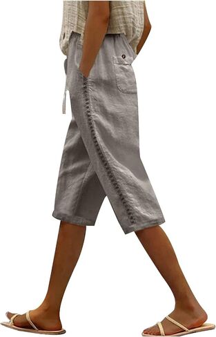 Capri Pants Women Knee Length Summer Beach Linen Bermuda Shorts Drawstring Elastic Waisted Casual Shorts with Pockets in Saudi Arabia
