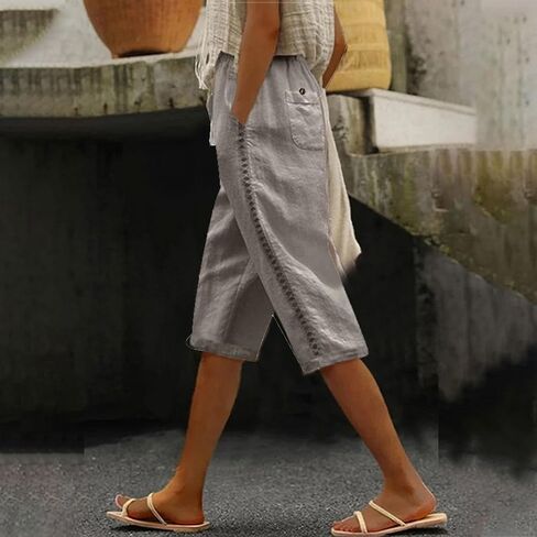 Capri Pants Women Knee Length Summer Beach Linen Bermuda Shorts Drawstring Elastic Waisted Casual Shorts with Pockets in Saudi Arabia