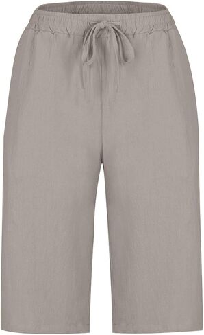 Capri Pants Women Knee Length Summer Beach Linen Bermuda Shorts Drawstring Elastic Waisted Casual Shorts with Pockets in Saudi Arabia