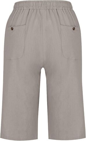Capri Pants Women Knee Length Summer Beach Linen Bermuda Shorts Drawstring Elastic Waisted Casual Shorts with Pockets in Saudi Arabia