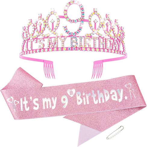 9th Birthday Decorations for Girls Set - Happy 9th Birthday Princess Crown and Glitter Sash, 9 Year Old Girl Tiara Party Decorations Supplies Outfit Accessory Gifts in Kuwait