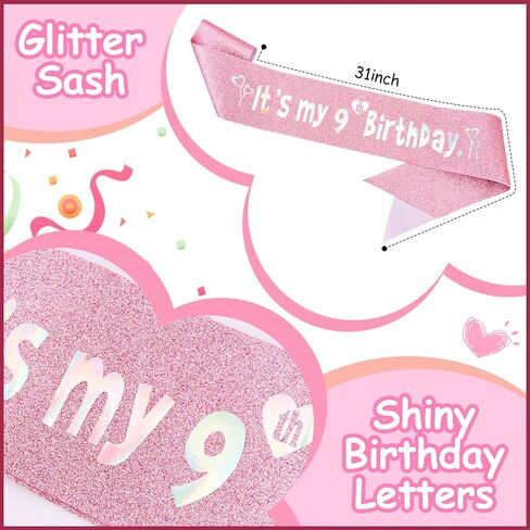 9th Birthday Decorations for Girls Set - Happy 9th Birthday Princess Crown and Glitter Sash, 9 Year Old Girl Tiara Party Decorations Supplies Outfit Accessory Gifts in Kuwait