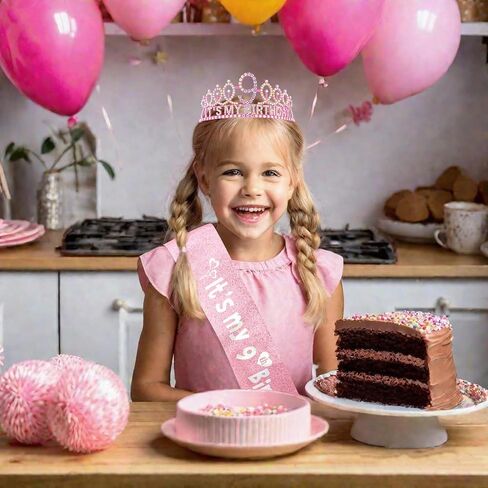 9th Birthday Decorations for Girls Set - Happy 9th Birthday Princess Crown and Glitter Sash, 9 Year Old Girl Tiara Party Decorations Supplies Outfit Accessory Gifts in Kuwait