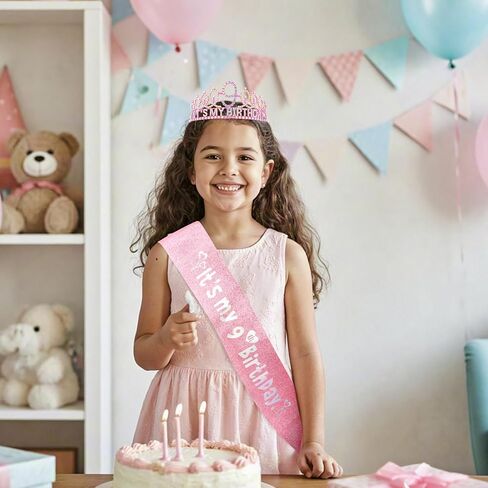 9th Birthday Decorations for Girls Set - Happy 9th Birthday Princess Crown and Glitter Sash, 9 Year Old Girl Tiara Party Decorations Supplies Outfit Accessory Gifts in Kuwait