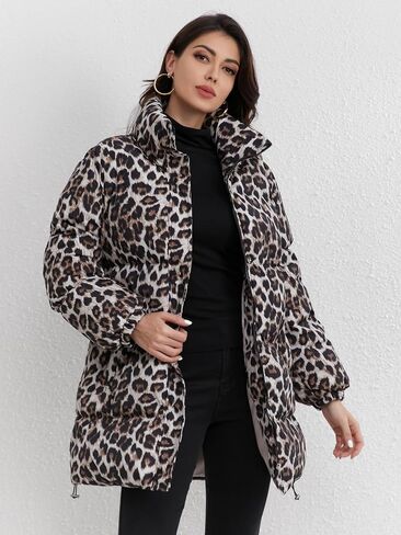 Utcoco Womens 2024 Fashion Leopard Pudded Puffer Coat Coat Coat Twilar Full zip Winter Dark Darn Down Coat Parka Over in Kuwait