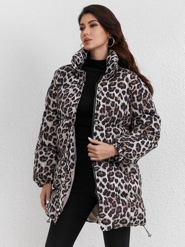 Utcoco Womens 2024 Fashion Leopard Pudded Puffer Coat Coat Coat Twilar Full zip Winter Dark Darn Down Coat Parka Over in Kuwait