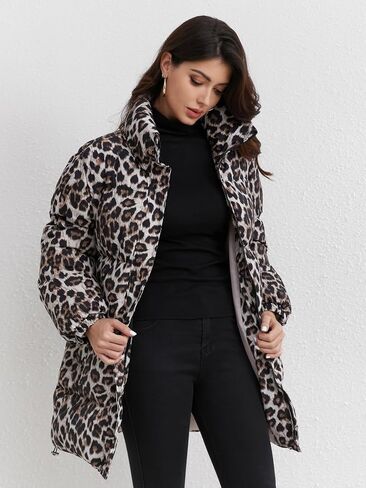Utcoco Womens 2024 Fashion Leopard Pudded Puffer Coat Coat Coat Twilar Full zip Winter Dark Darn Down Coat Parka Over in Kuwait