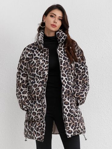 Utcoco Womens 2024 Fashion Leopard Pudded Puffer Coat Coat Coat Twilar Full zip Winter Dark Darn Down Coat Parka Over in Kuwait