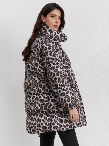 Utcoco Womens 2024 Fashion Leopard Pudded Puffer Coat Coat Coat Twilar Full zip Winter Dark Darn Down Coat Parka Over in Kuwait