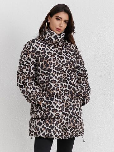 Utcoco Womens 2024 Fashion Leopard Pudded Puffer Coat Coat Coat Twilar Full zip Winter Dark Darn Down Coat Parka Over in Kuwait