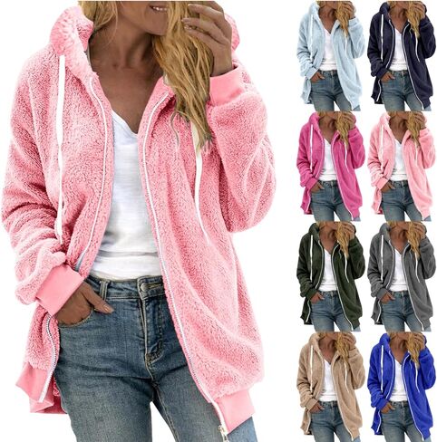معاطف الشتاء للنساء الصوف zip up hoodies ناعم غامض دافئ سترة بالإضافة إلى حجم ملابس خارجية غير رسمية طويلة الأكمام الطويلة in Kuwait