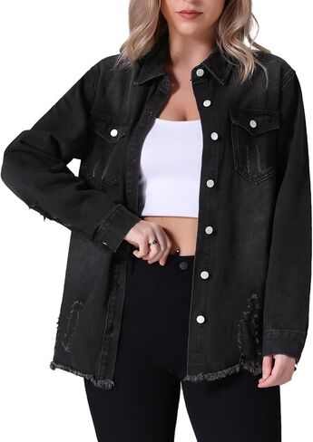 Women's Denim Jacket Frayed Hem Long Sleeve Ripped Distressed Jean Jackets in Saudi Arabia