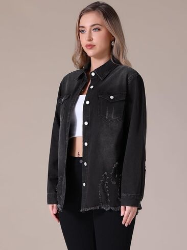 Women's Denim Jacket Frayed Hem Long Sleeve Ripped Distressed Jean Jackets in Saudi Arabia