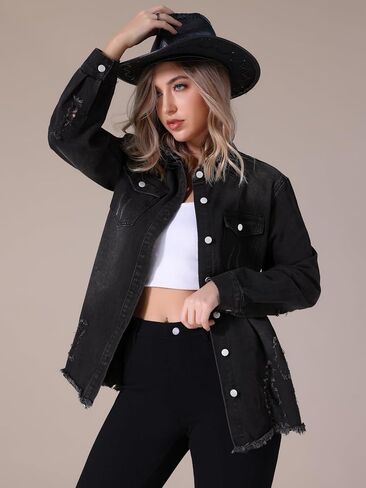Women's Denim Jacket Frayed Hem Long Sleeve Ripped Distressed Jean Jackets in Saudi Arabia