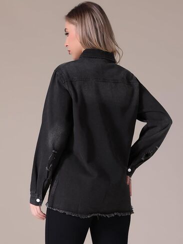 Women's Denim Jacket Frayed Hem Long Sleeve Ripped Distressed Jean Jackets in Saudi Arabia